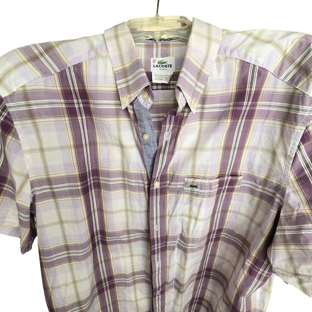 Lacoste Mens Plaid Shirt Purple/White Slim Fit Size 44 Short Sleeve JJ4224